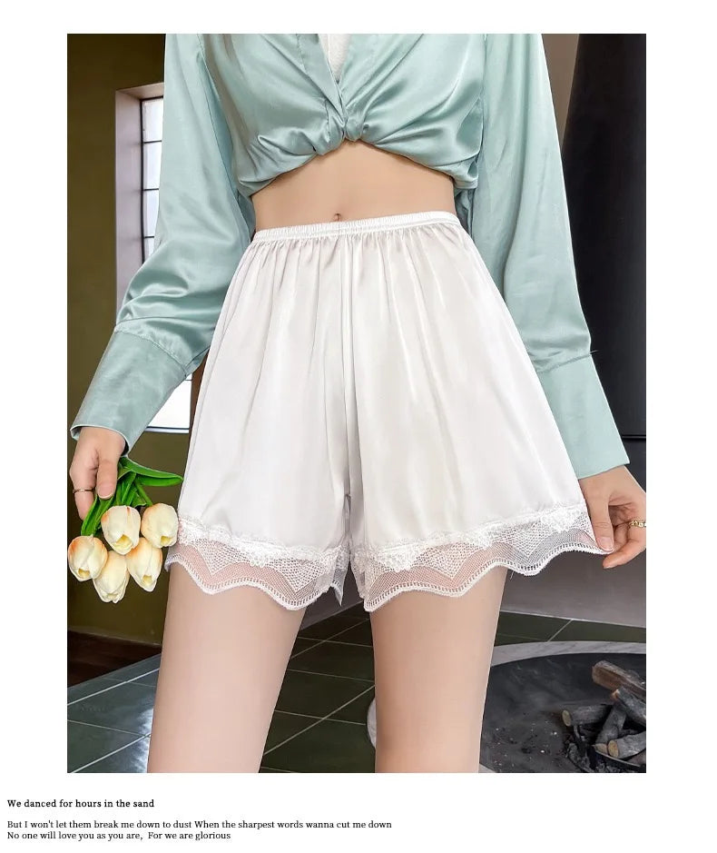 1pcs Women's Summer Lace Underwear Female Thin Soft Satin Knickers In Loose Safety Pants Lady Ice Silk Comfort Home Shorts