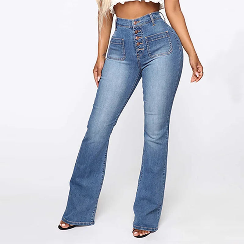 Jeans Women Pencil Pants Denim Hole High Waist Vintage Pockets Button Solid Basics Full Length Trousers Casual Washed Denim