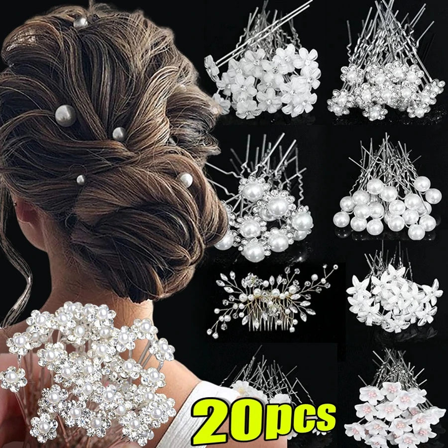 20pcs Elegant Pearl Crystal Hairpin Wedding Bridal U-shaped Metal Hair Comb Forks for Women Hairstyle Clips Jewelry Accessories