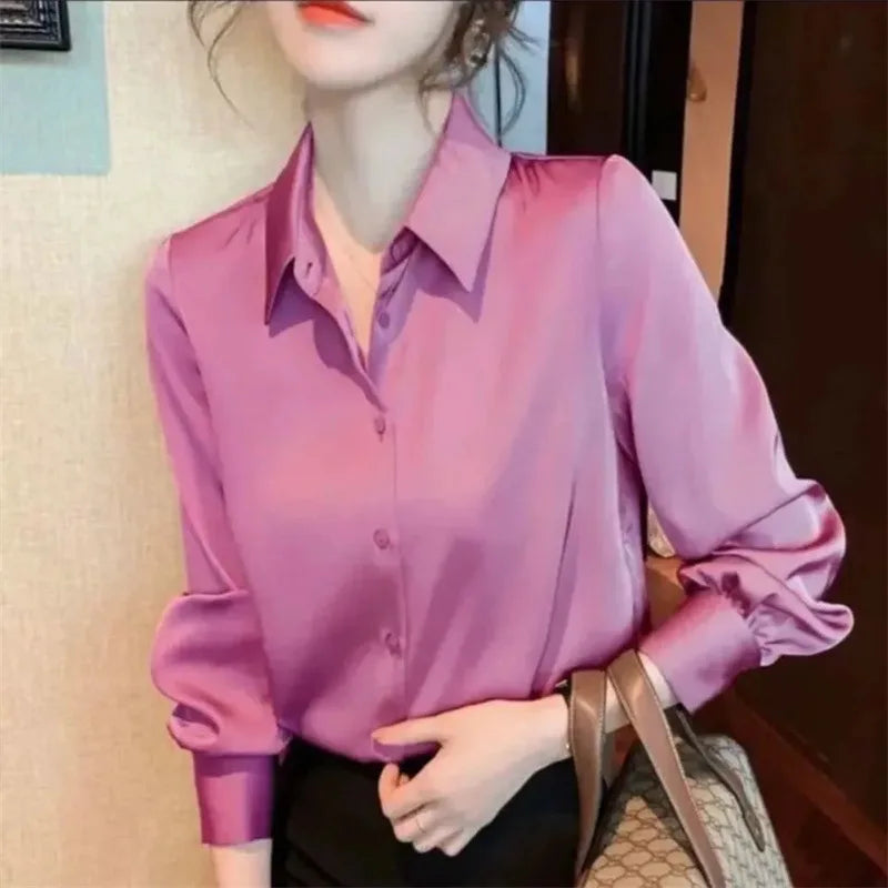 Women's Satin Shirt – Elegant Slim Fit, Long Sleeve Office Blouse (2024)