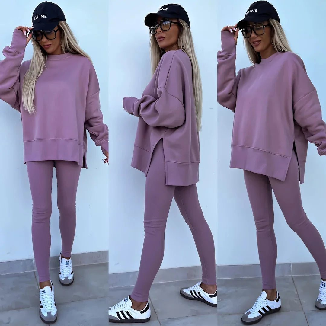 Women Pant Sets Two Pieces Tracksuit Solid Loose Sweatshirts Split Pullover Pencil Pants High Street Autumn Winter 2024