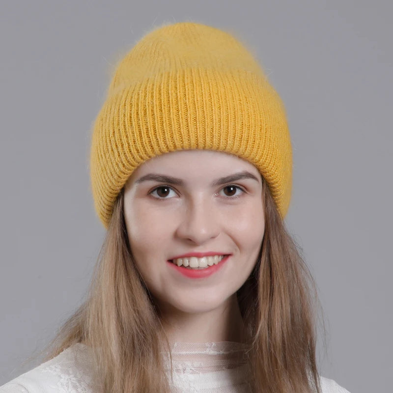 CNTANG Real Rabbit Fur Hat Winter Warm Beanies For Women Fashion Cute With Decorate Rhinestone Cap Female Casual Knitted Hats