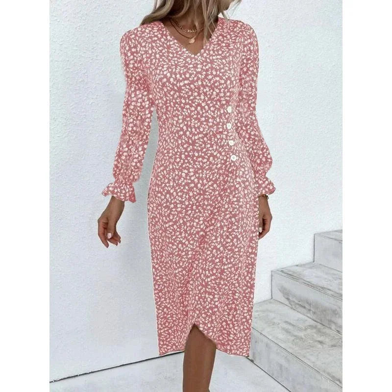 Elegant Summer Floral Midi Dress – V-Neck, Puff Sleeves, Pleated H-Shape, Ruched Waist, Button Detail.