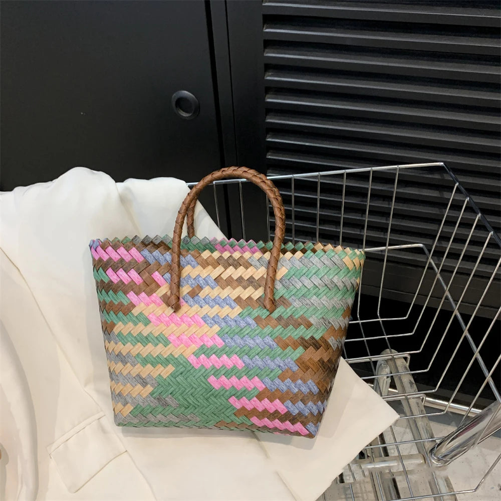 Retro Imitation Rattan Woven Bag Women's Boho Handbag Summer Beach Large Capacity Shoulder Bag 2024 New Fashion женская сумочка