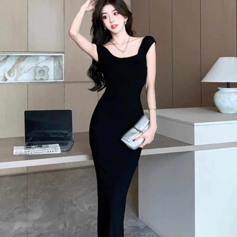 Summer Black Short Sleeve Women Elegant Party Off Shoulder Sheath Long Dress