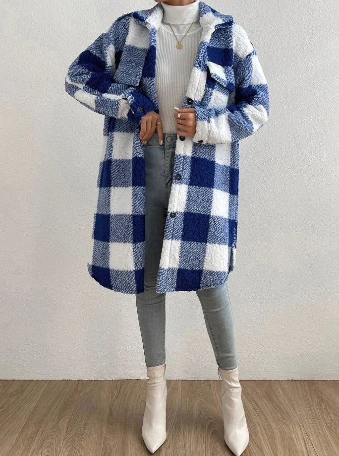 Cardigan 2023 Autumn Long Sleeved Turn-down Collar Plush Plaid Coat Loose Temperament Commuter Longline Jacket Women Outerwear