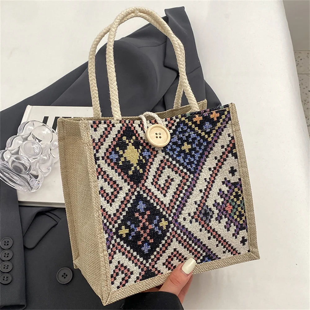 New Linen Bag Women Ethnic Patterns Handbag Eco-Friendly Grocery Bag Gift Bag With Handle Portable Casual Button Tote Bag Pouch