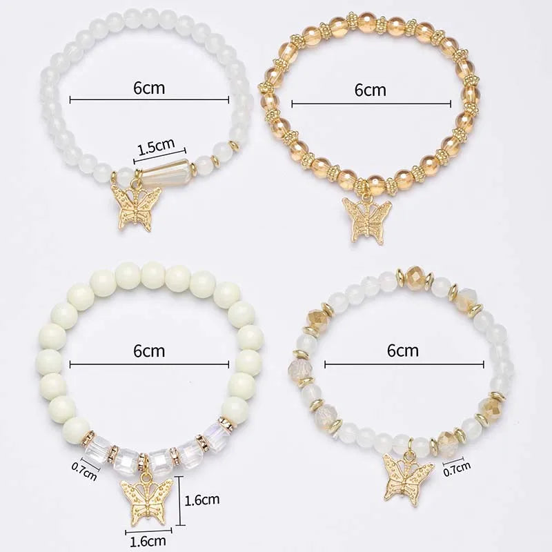 4Pcs Trendy Butterfly Beaded Bracelet Set For Women Pink Acrylic Beads Elastic Chain Bangle Female Bohemian Party Jewelry Gift