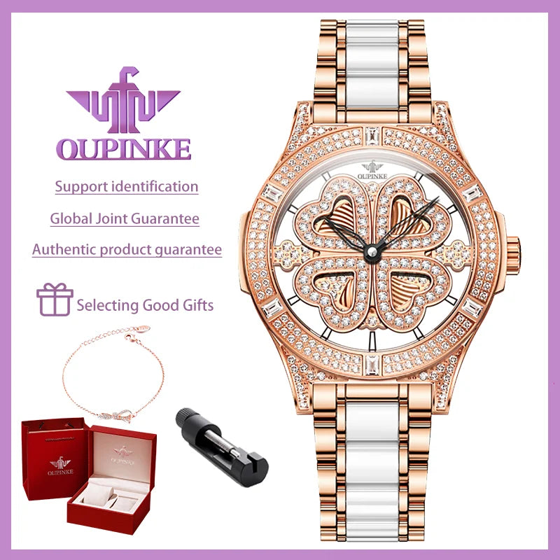 OUNPINKE Top Brand Women's Watches Luxury Elegant Original Swiss Quartz Wrist Watch for Lady Sapphire Mirror Diamond Dial Trend