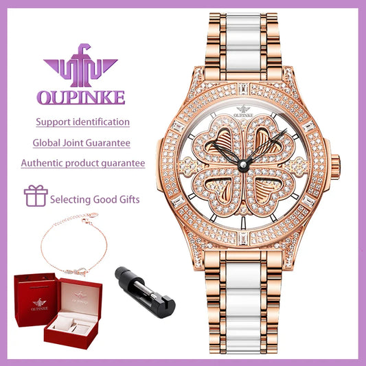 OUNPINKE Top Brand Women's Watches Luxury Elegant Original Swiss Quartz Wrist Watch for Lady Sapphire Mirror Diamond Dial Trend