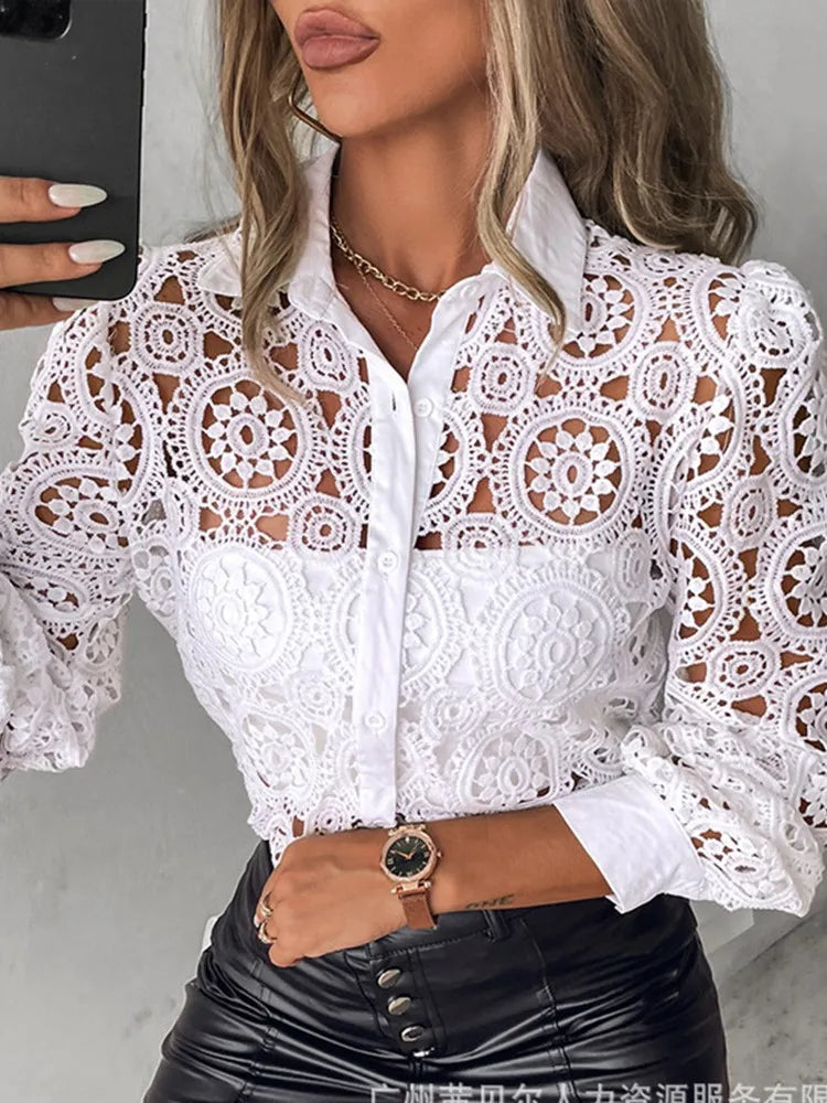 Women's Lace Blouse – Elegant Long Sleeve Button-Up Shirt, Office Chic (2024)