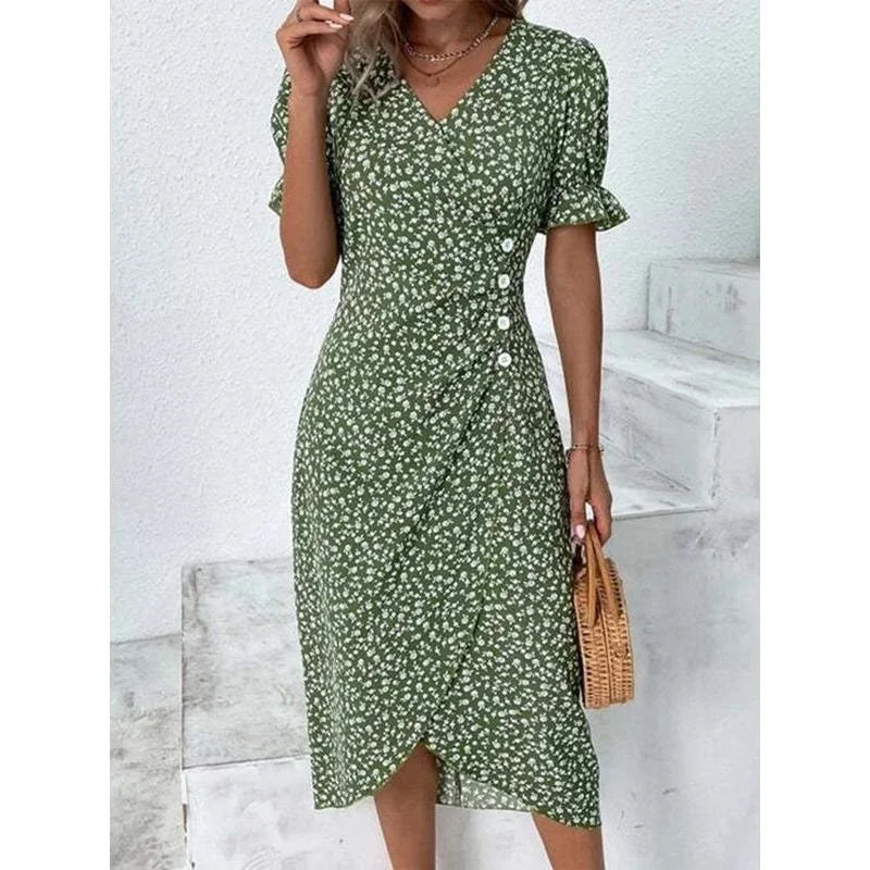 Elegant Summer Floral Midi Dress – V-Neck, Puff Sleeves, Pleated H-Shape, Ruched Waist, Button Detail.