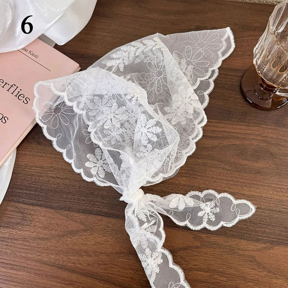 Summer White Woven Floral Lace Hair Scarf Wraps Women Retro Triangle Headscarf Hat Travel Photo Headband Hair Accessories INS