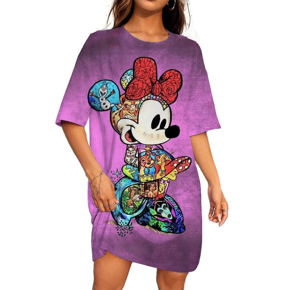 Disney Mickey Mouse Casual Dress – Loose Fit, Round Neck, Short Sleeve, Summer Party Style.