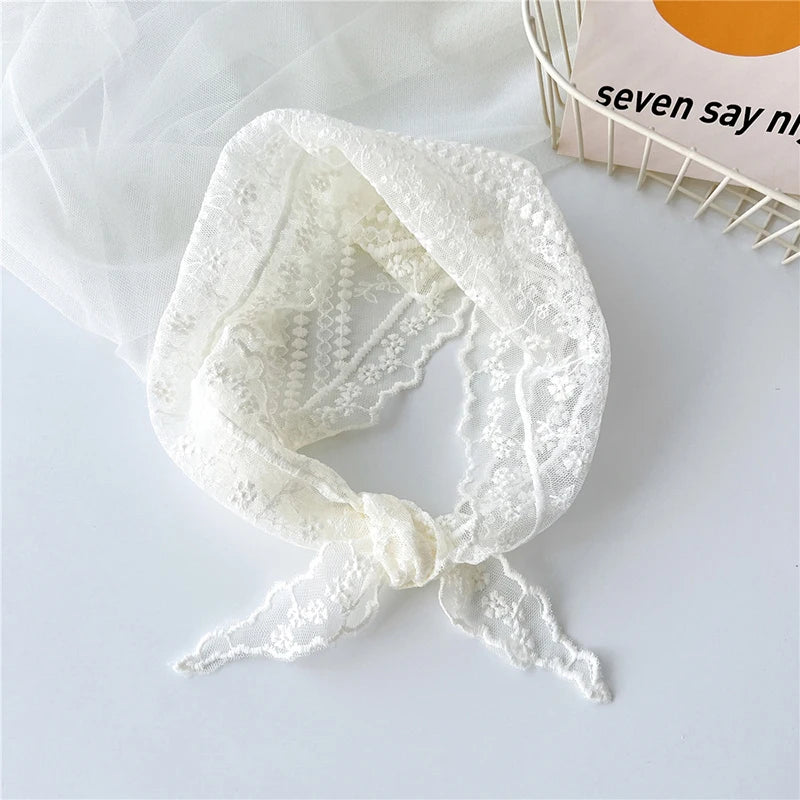 Summer White Woven Floral Lace Hair Scarf Wraps Women Retro Triangle Headscarf Hat Travel Photo Headband Hair Accessories INS