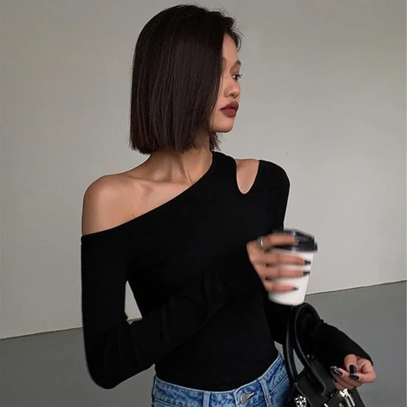 Fashionable Skew Collar Off-Shoulder T-Shirt for Women