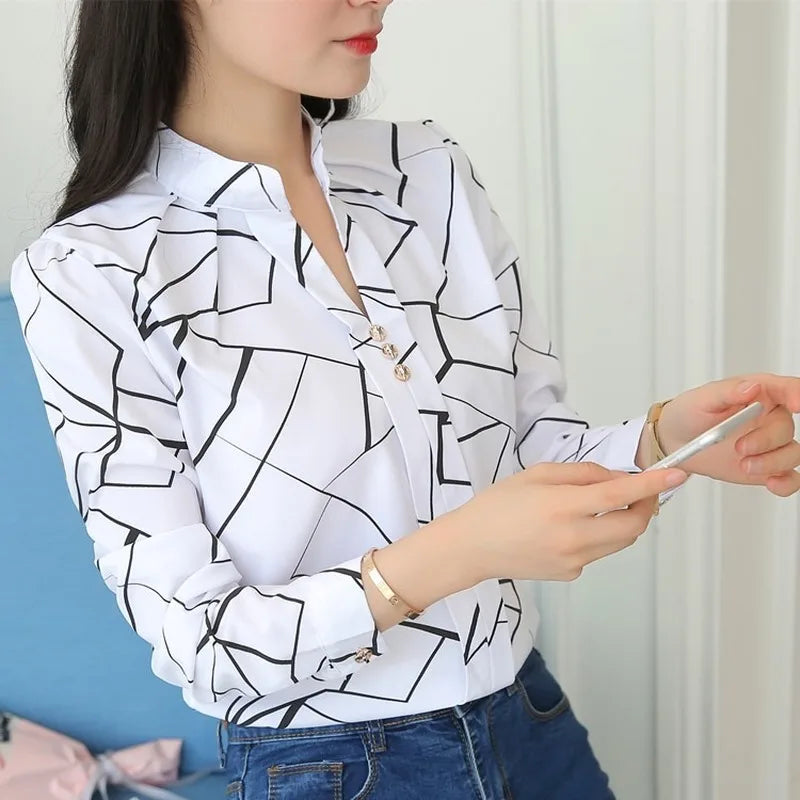 Women White Tops and Blouses Fashion Stripe Print Casual Long Sleeve Office Lady Work Shirts Female Slim Blusas