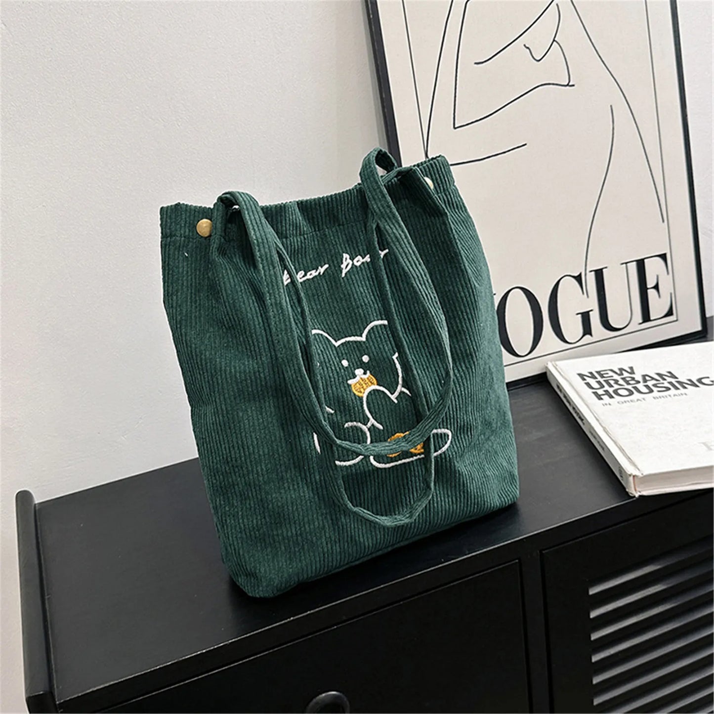 Cartoon Embroidered Bear Shoulder Bag Foldable Corduroy Handbag For Women Large Capacity Tote Bags Eco Friendly Shopping Bag