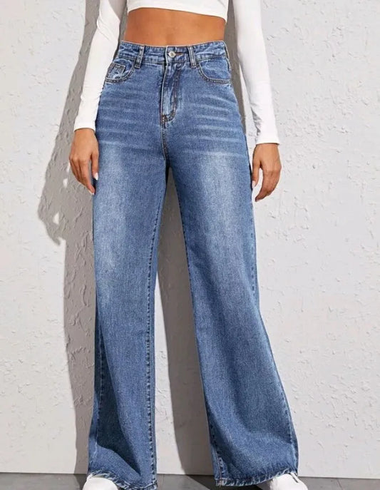 Women Denim Wide Leg Pants Jeans Washing Loose High Waist Pockets Zipper Fly Solid Ankle Length Basics 2024 Distressed