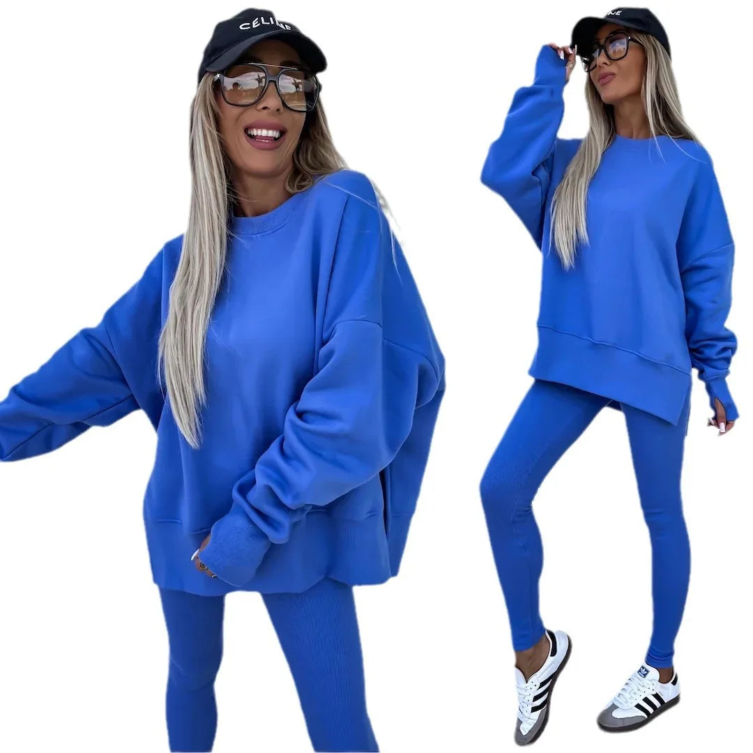 Women Pant Sets Two Pieces Tracksuit Solid Loose Sweatshirts Split Pullover Pencil Pants High Street Autumn Winter 2024