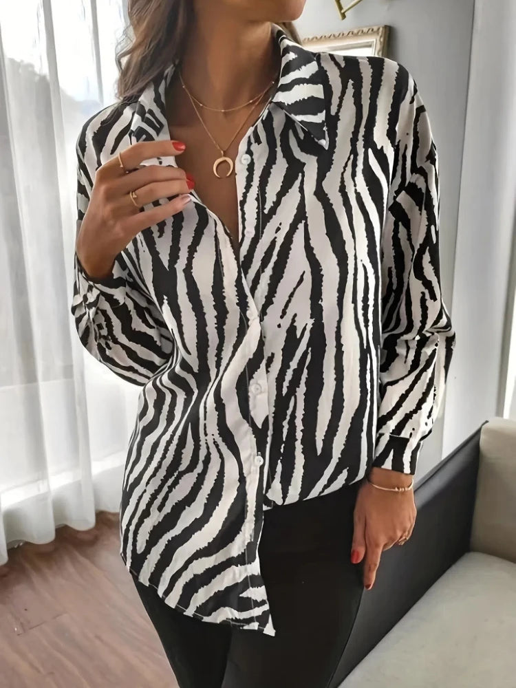 Women's Long Sleeved Shirt Zebra Stripe Print Daily Travel Office Elegant Women's Top Outdoor Fashion Lapel Women's Shirt