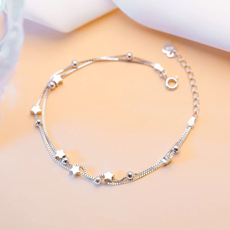 Luxury 925 Sterling Silver Star Beaded Bracelets For Women Original Designer Double Layered Adjustable Bracelet Party Jewelry