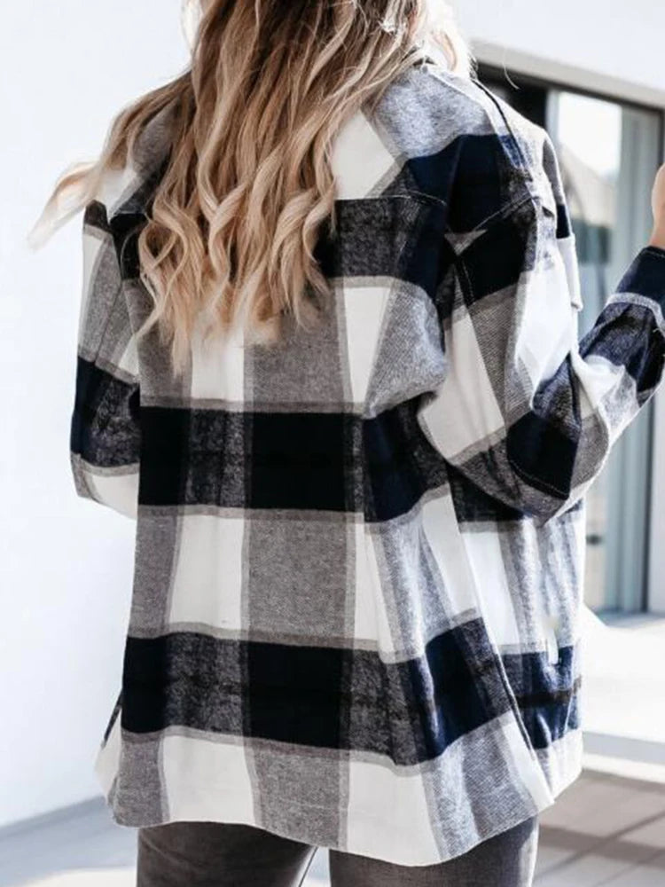 Women's Plaid Button-Up Shirt – Long Sleeve, Loose Fit, Casual Fashion