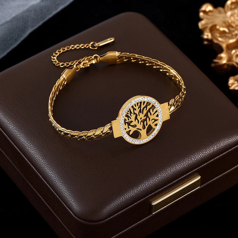 GANEMLY 316L Stainless Steel Tree of Life Bracelet For Women Fashion 18K Gold Plated Wrist Chain Waterproof Jewelry Lady Gift