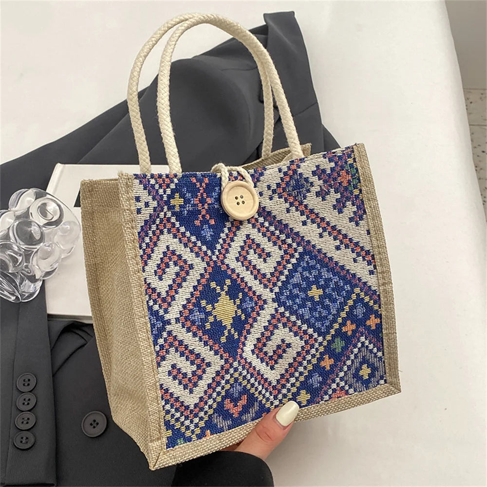 New Linen Bag Women Ethnic Patterns Handbag Eco-Friendly Grocery Bag Gift Bag With Handle Portable Casual Button Tote Bag Pouch