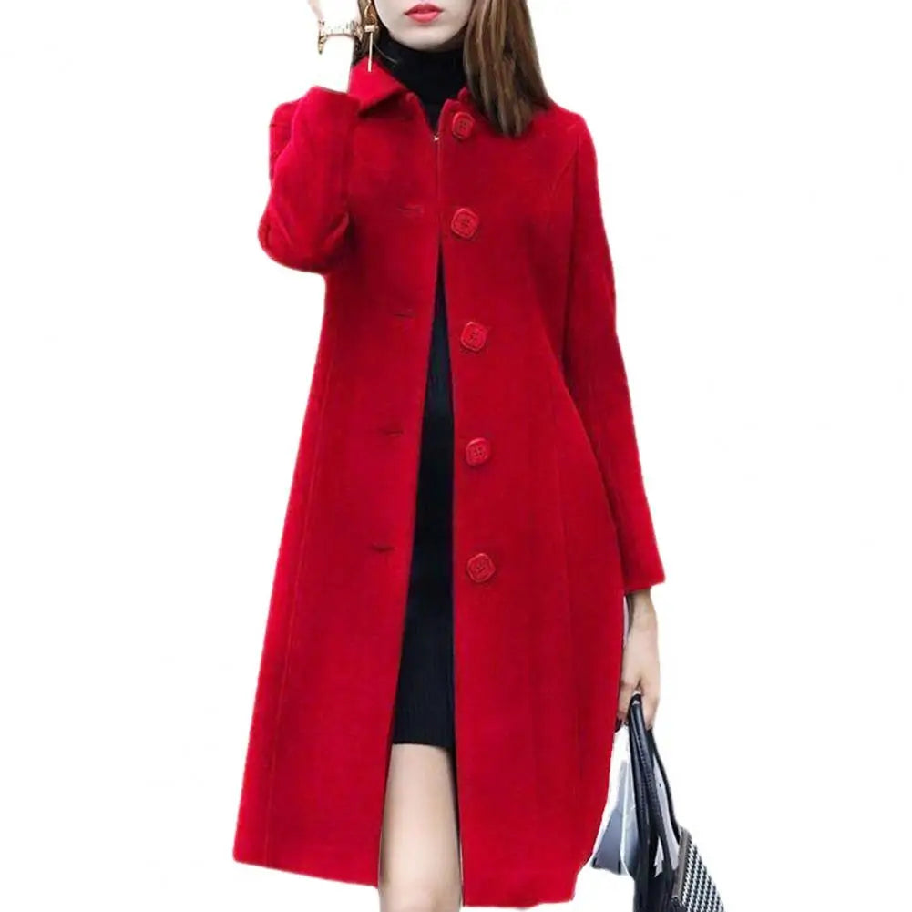 Elegant Soft Women Coat Mid-Length Single-Breasted Turn-down Collar Cardigan Plus Size Warm Lapel Winter Jacket