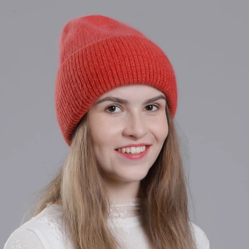 CNTANG Real Rabbit Fur Hat Winter Warm Beanies For Women Fashion Cute With Decorate Rhinestone Cap Female Casual Knitted Hats