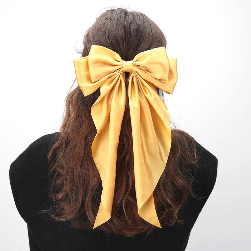 Elegant Bow Ribbon Hair Clip for Women Fashion Solid Satin Black Clip Simple Hairpin Headband with Clips Girls Hair Accessories