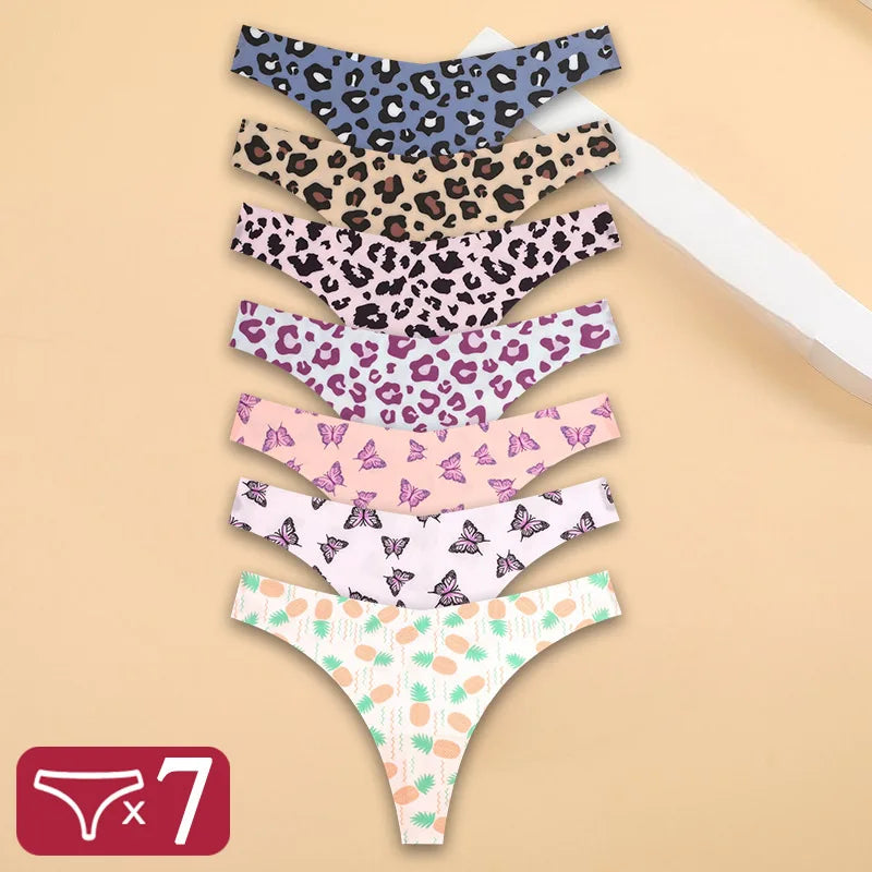 FINETOO 7Pcs Ice Silk G-String Lady Sexy Thong Women One Piece Seamless Girl Panties Fresh Low Waisted Underwear Print Underwear