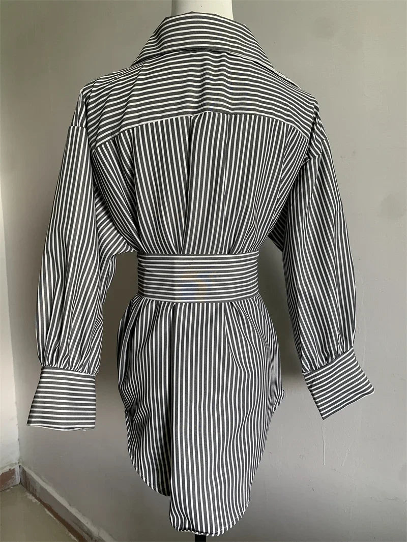 Women's Striped Shirt – Belted, Loose Fit, Long Sleeve Casual Blouse