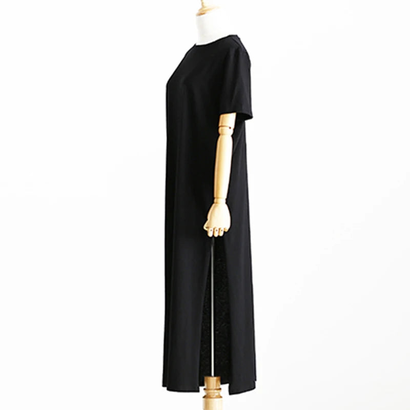 Summer Korean Style Midi Dress – Casual Black Maxi T-Shirt Dress for Women