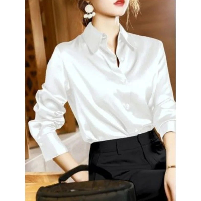 Women's Satin Shirt – Elegant Slim Fit, Long Sleeve Office Blouse (2024)