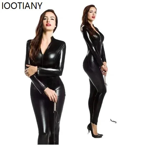 Women Two-way Zipper Open Crotch Imitation Leather Jumpsuit Ds Latex Cat Women Fancy Bodysuit Nightclub Stage Performance Outfit