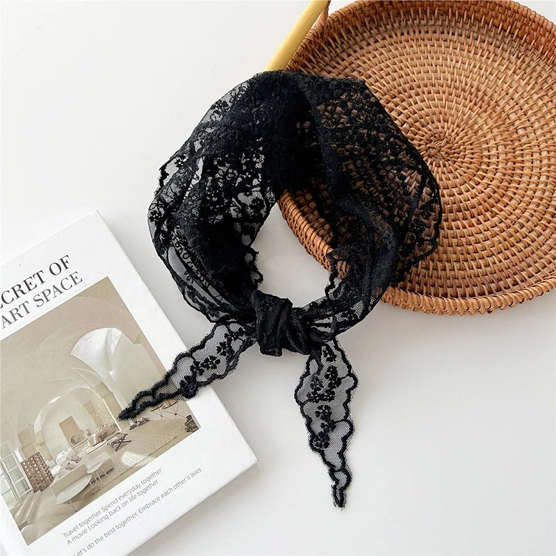 Summer White Woven Floral Lace Hair Scarf Wraps Women Retro Triangle Headscarf Hat Travel Photo Headband Hair Accessories INS