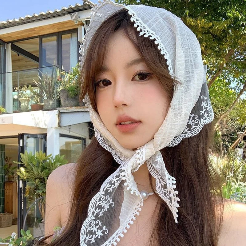 Korean Ins Lace Hair Scarf for Women Retro Triangle Hair Band Strap Hair Bag Headscarf Hat French Pastoral Style Travel Headband