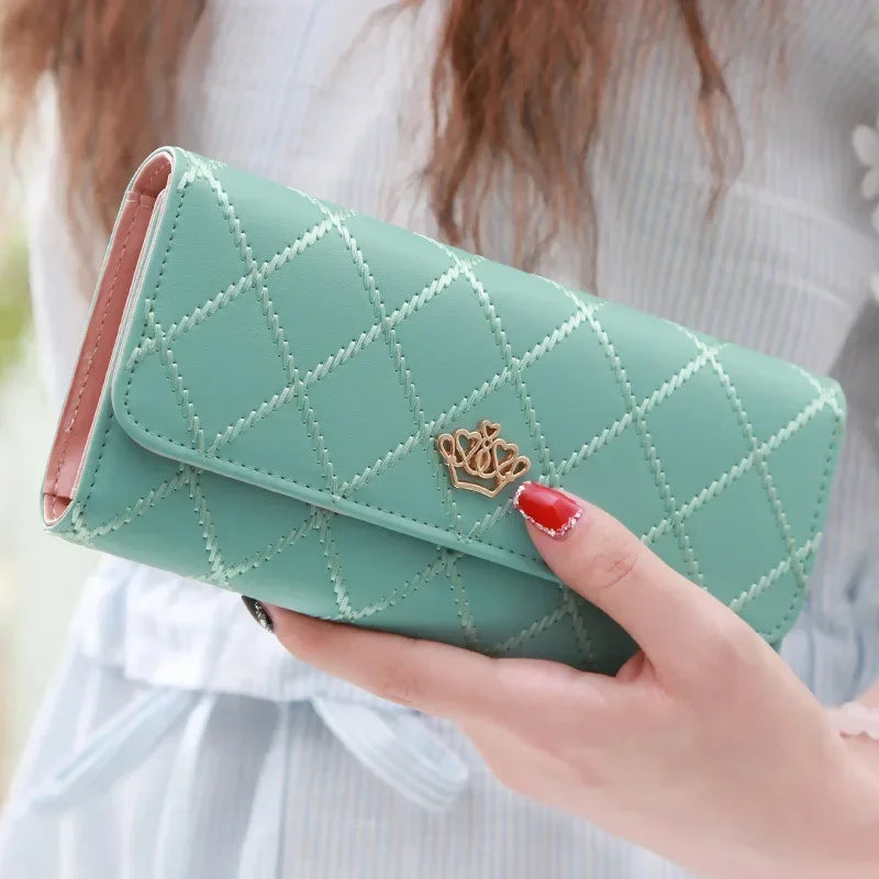 Black Long Wallets for Women PU Leather Diamond Pattern Purse Card Holder Crown Buckle Ladies Phone Bag Fashion Clutch Bag