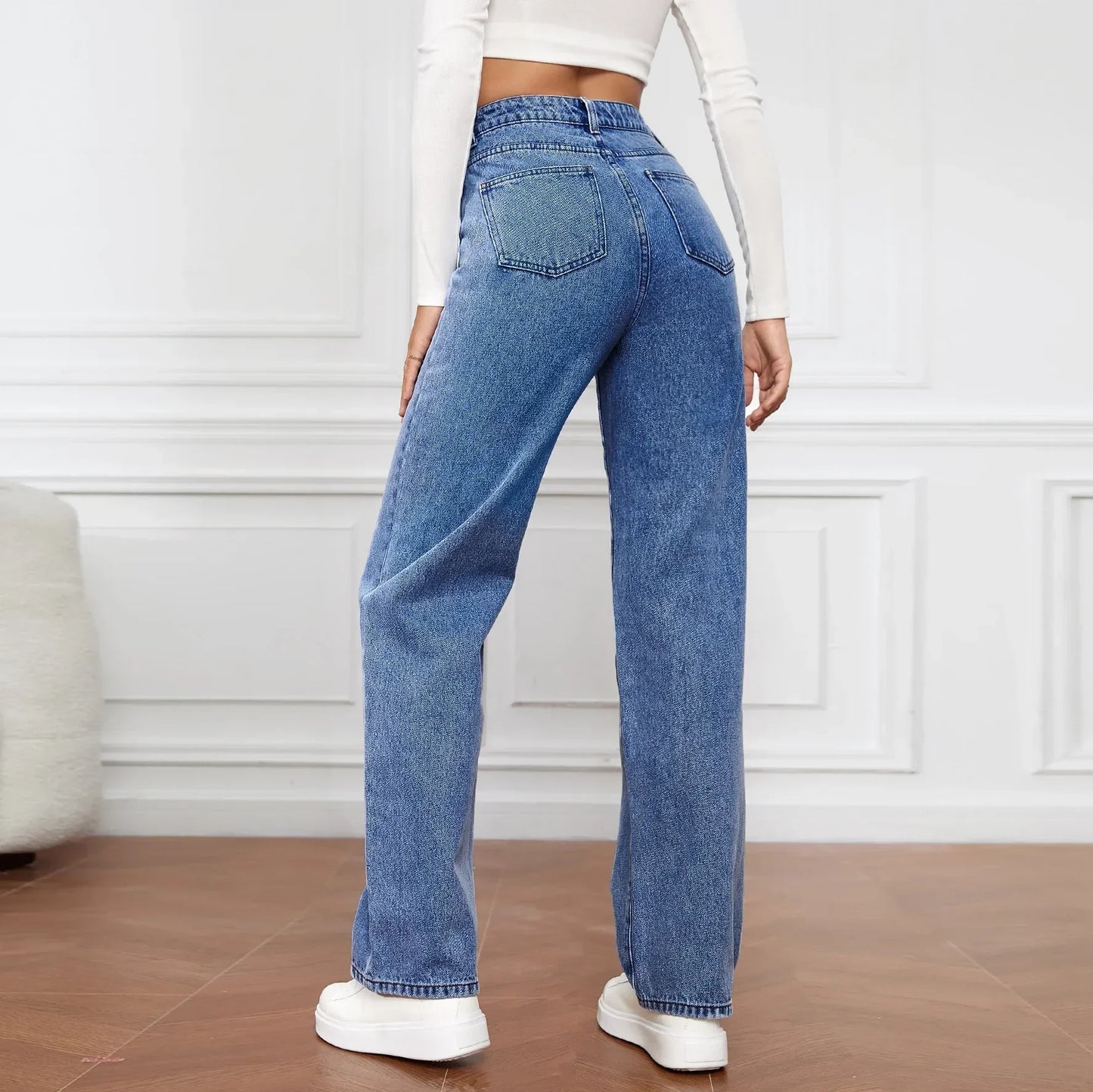 Denim Jeans Women Straight Pants Washing High Waist Loose Pockets Basics Ankle Length Y2k Blue Pants Streetwear Slight Strech