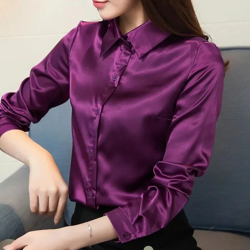 Women's Satin Shirt – Elegant Slim Fit, Long Sleeve Office Blouse (2024)