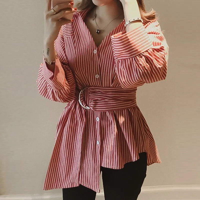 Women's Striped Shirt – Belted, Loose Fit, Long Sleeve Casual Blouse