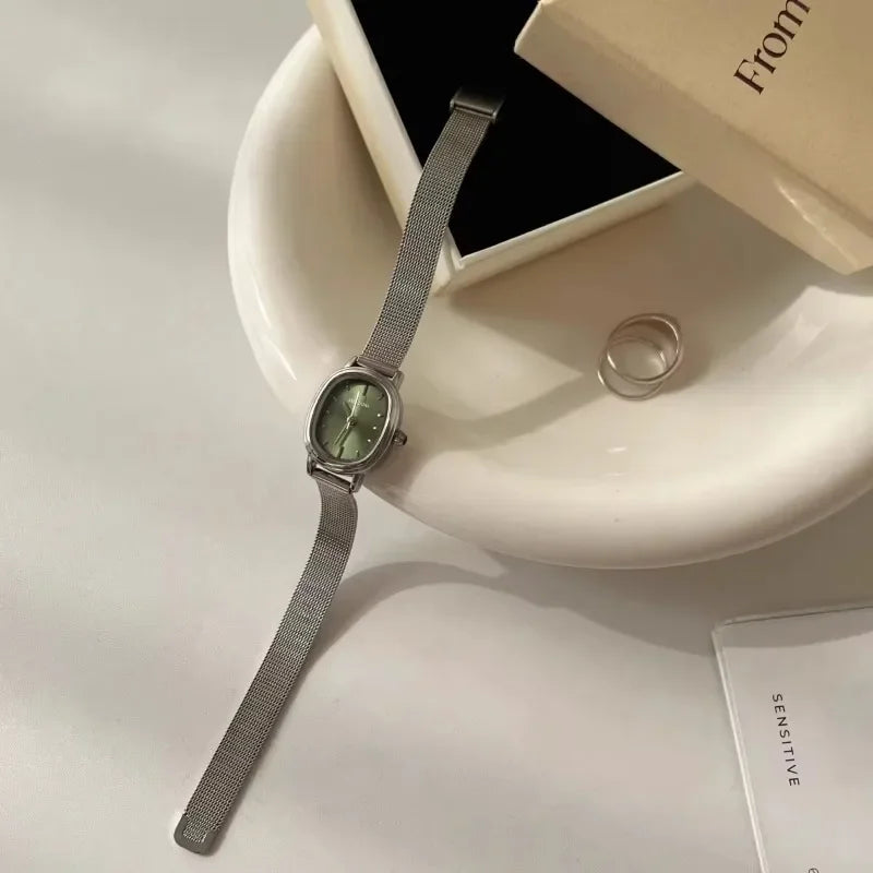 Small Oval Dial Green Watch Simple Stainless Steel Ladies Wristwatches Brand Women Luxury Gift Quartz Watch Dropshipping