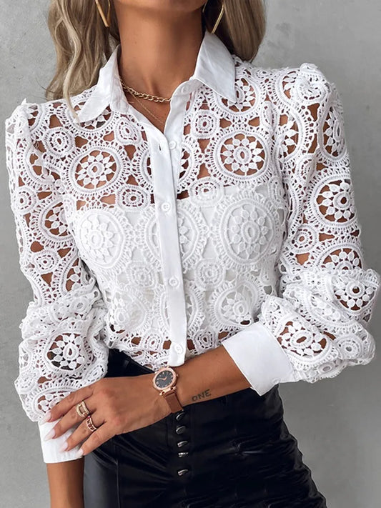 Women's Lace Blouse – Elegant Long Sleeve Button-Up Shirt, Office Chic (2024)