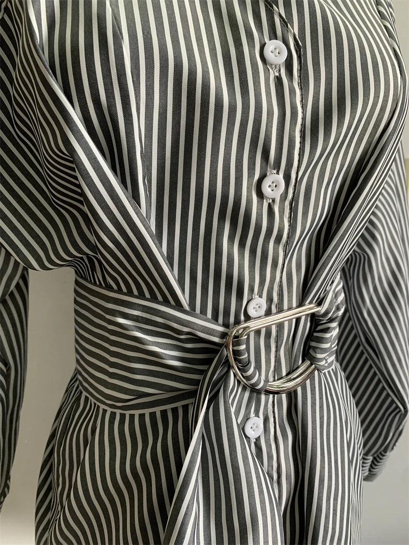 Women's Striped Shirt – Belted, Loose Fit, Long Sleeve Casual Blouse