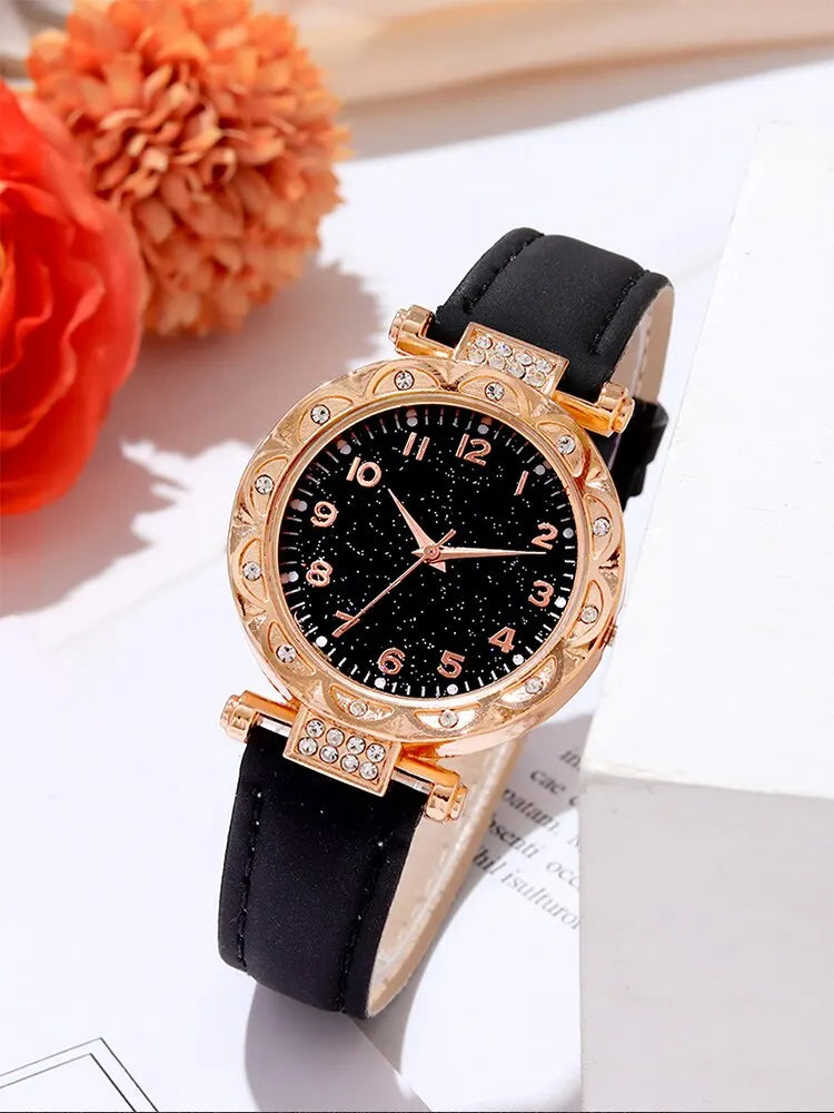 3PCs Fashion Versatile Starry Sky Diamond Embedding Women's Belt Quartz Watch with Diamond Embedding Bracelet Set