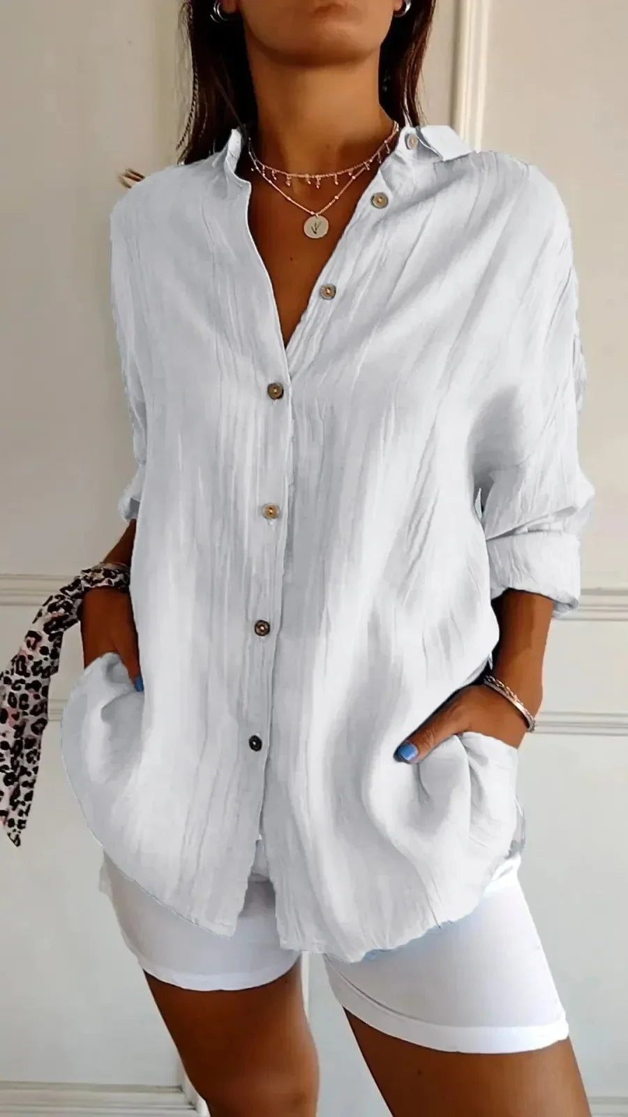 Women's V-Neck Cotton Linen Shirt – Loose Fit, Button-Up, Retro Office Top