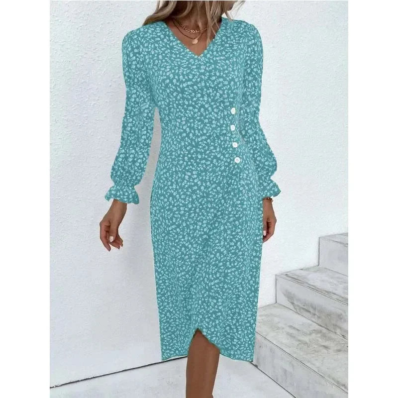 Elegant Summer Floral Midi Dress – V-Neck, Puff Sleeves, Pleated H-Shape, Ruched Waist, Button Detail.