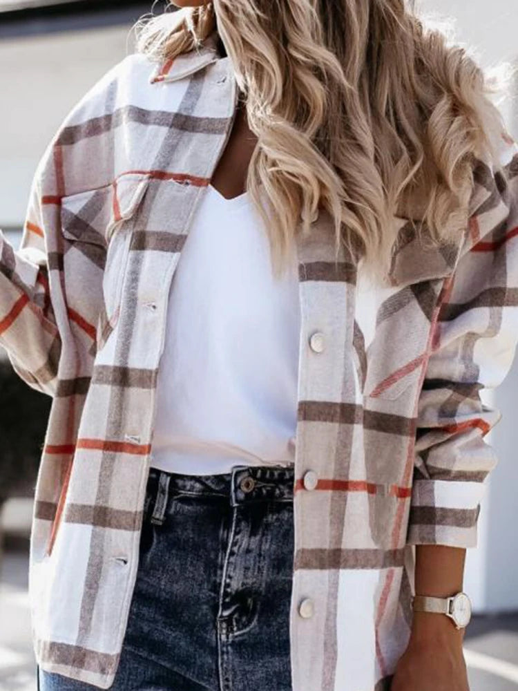 Women's Plaid Button-Up Shirt – Long Sleeve, Loose Fit, Casual Fashion